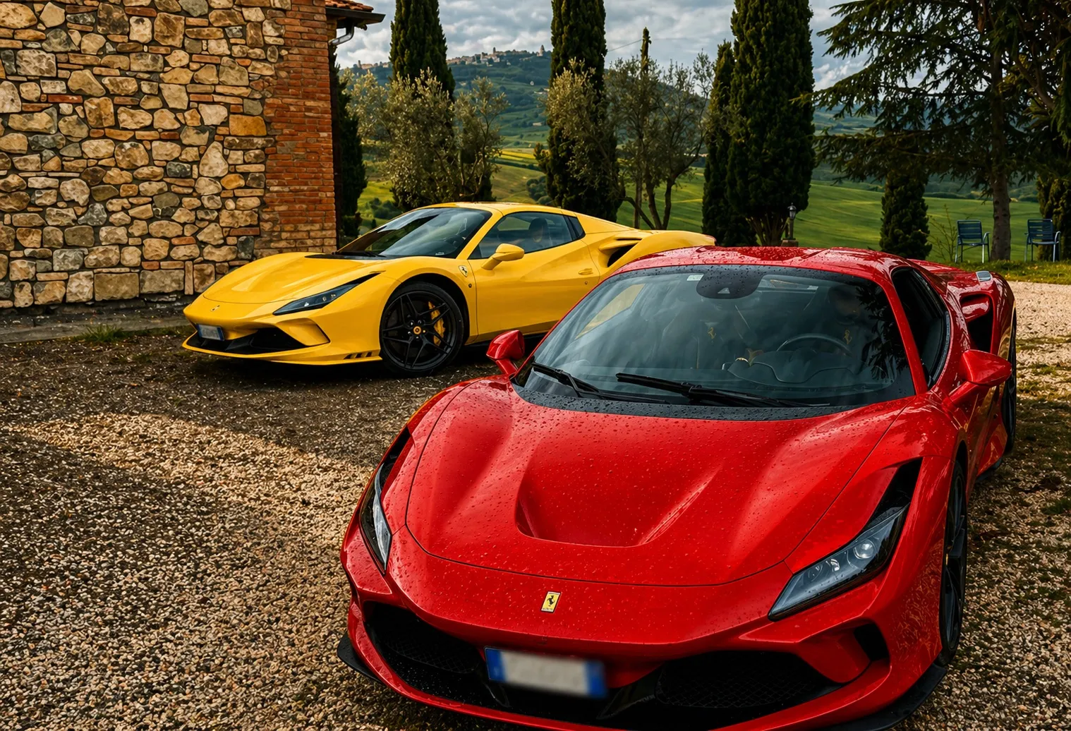 Ferrari cars in the Italian countryside